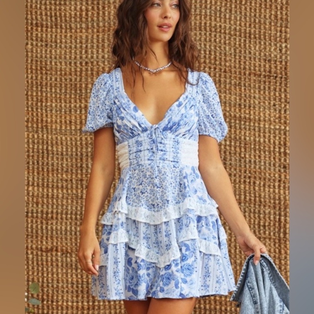 Altar'd State Blue and White Floral Mini Dress